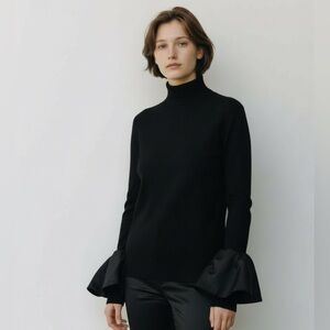 LANVIN Black Merino Wool and Silk Balloon Puff Sleeve Turtleneck Sweater XL